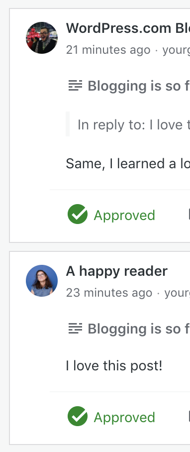 投稿者名、画像、コメントを表示する WordPress Reader のコメントスレッド。