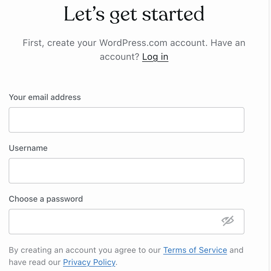 Изображение формы регистрации на WordPress.com.