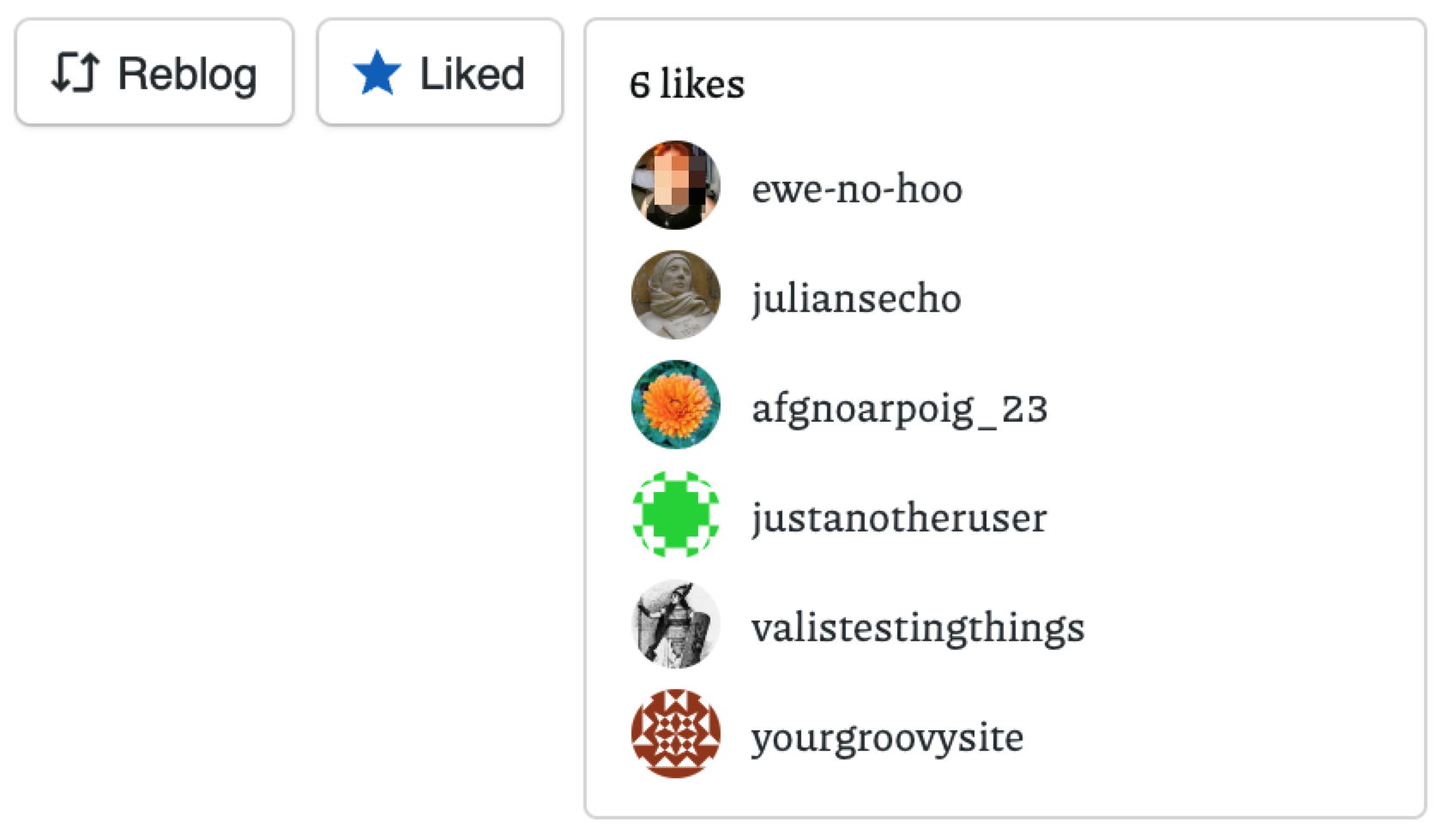 Screenshot del pulsante Ripubblica e Mi piace, che mostra un elenco scorrevole di sei avatar e un conteggio dei Mi piace di 6 Mi piace.