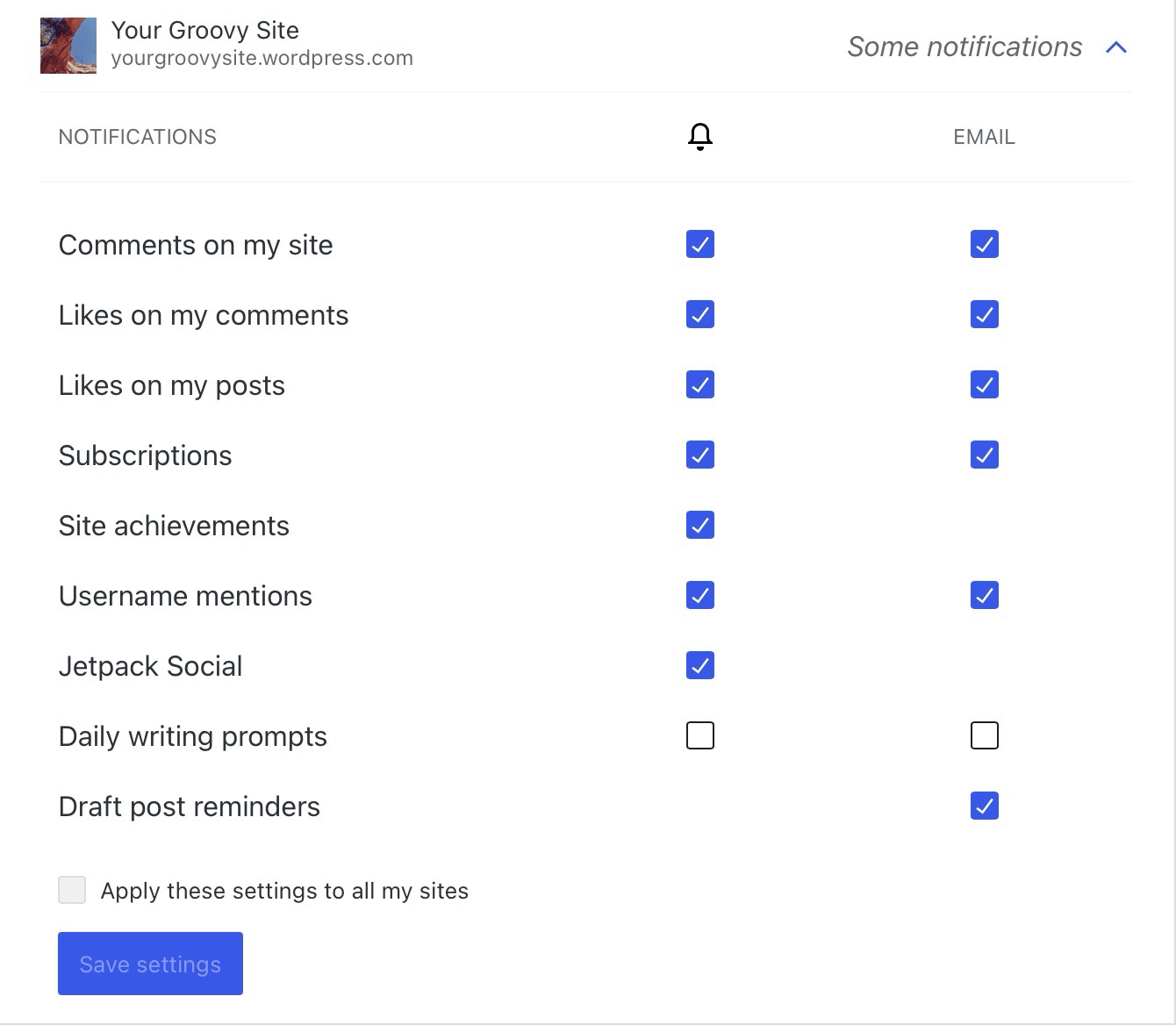 Caselle di controllo per varie impostazioni di notifica di un sito.
