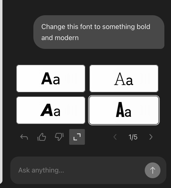The AI prompt box says "change the fonts to something bold and modern" and there are suggestions of font parings to select.