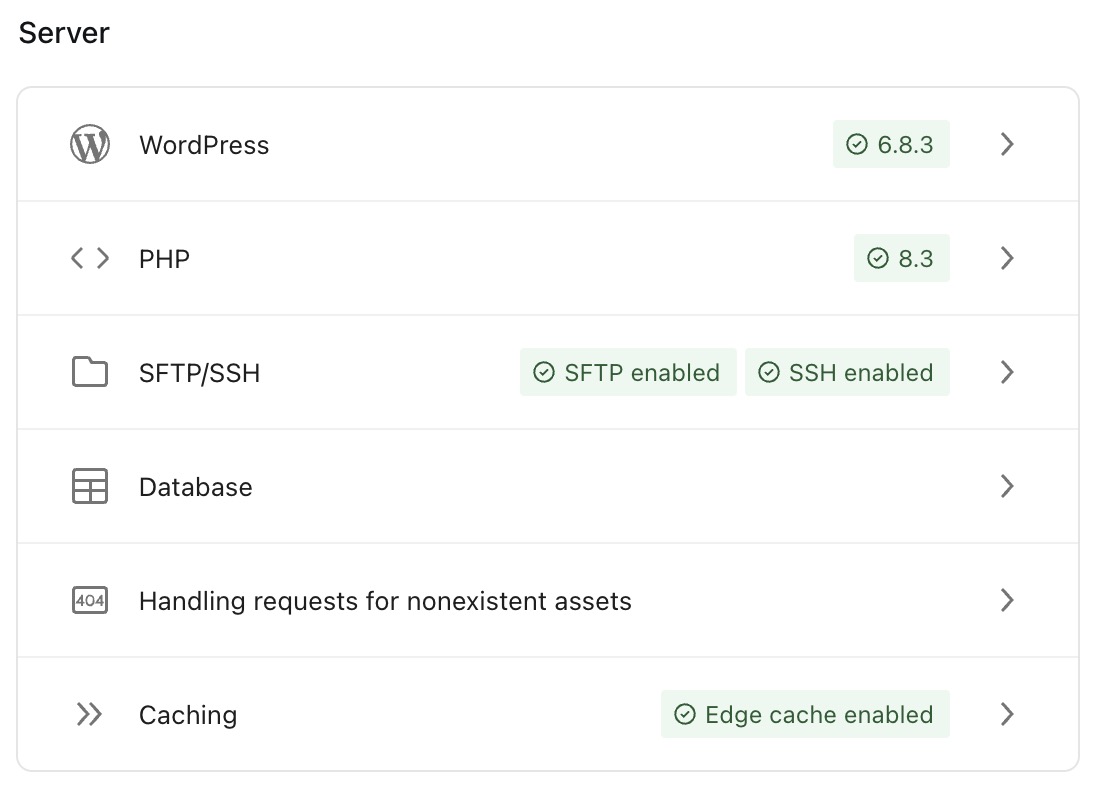 The Server Settings section of the Hosting Overview dashboard.