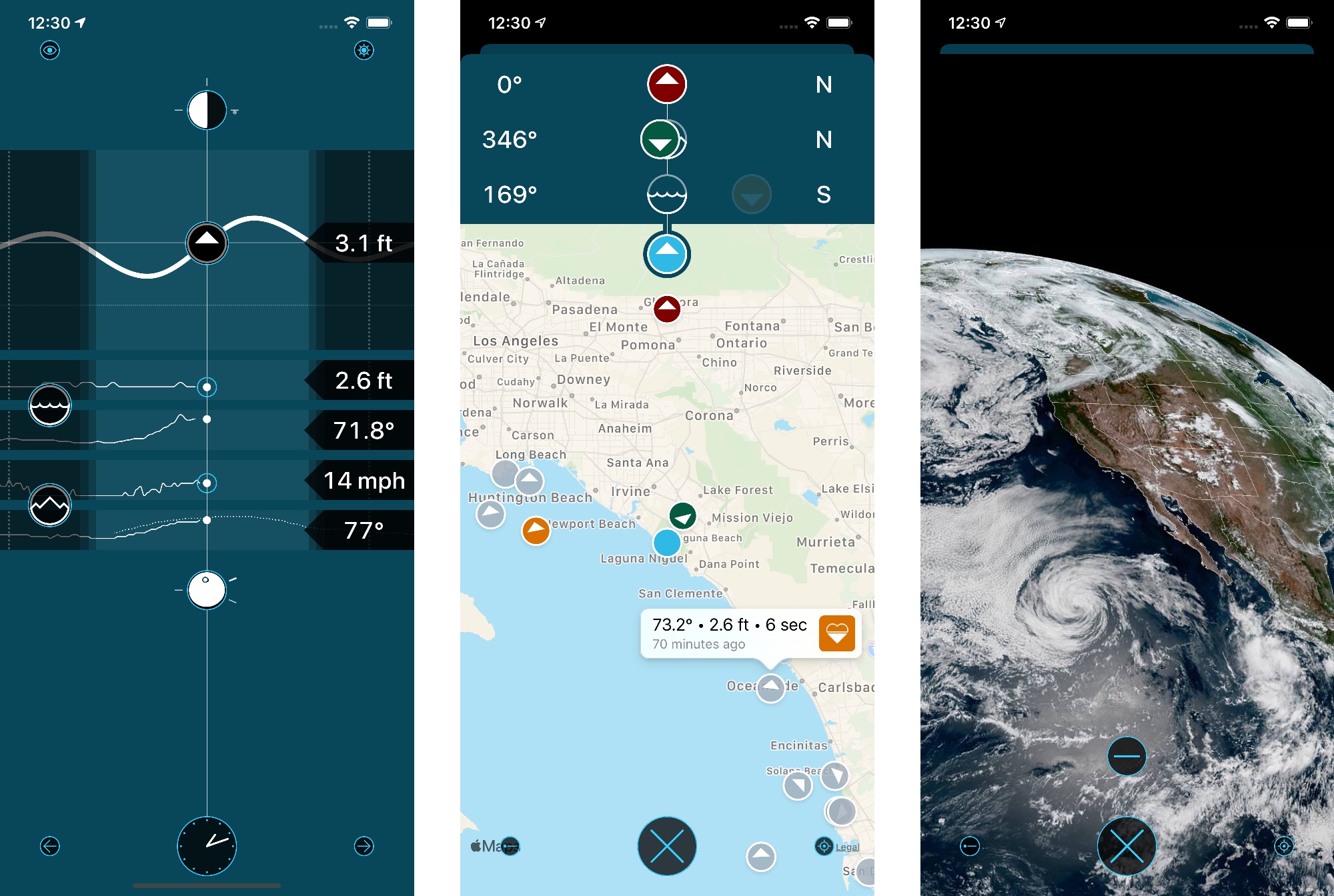 Screenshots of Waterscope showing the home screen graphs, a map view with sea and land weather conditions, and a satellite view of California.