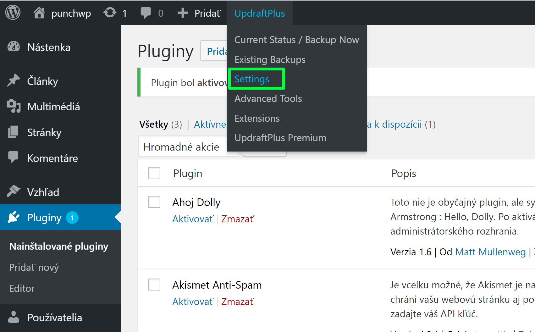 Updraftplus beépülő modul beállításai