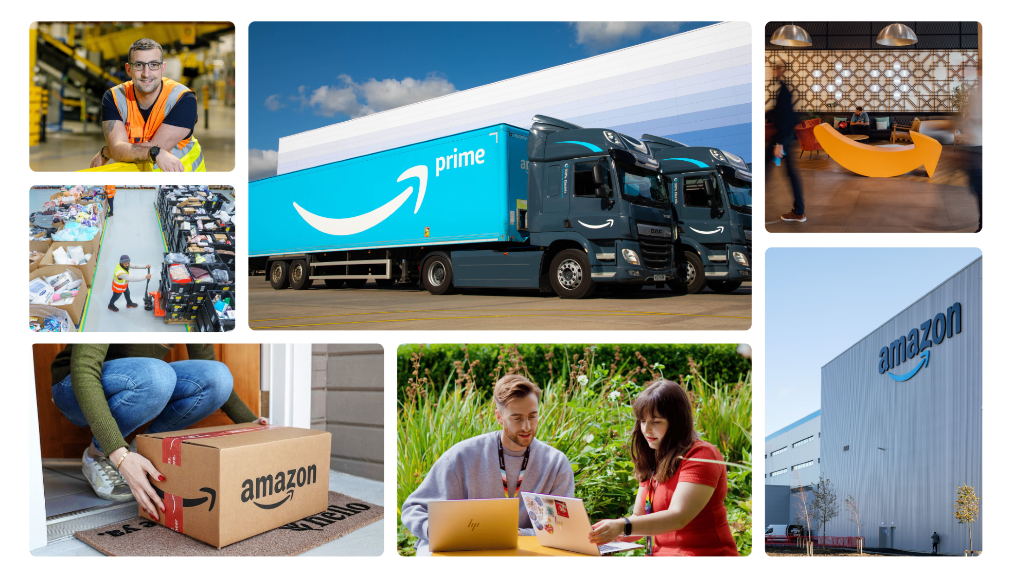 Eine Collage mit Eindrücken von Amazon Standorten und Mitarbeitenden.