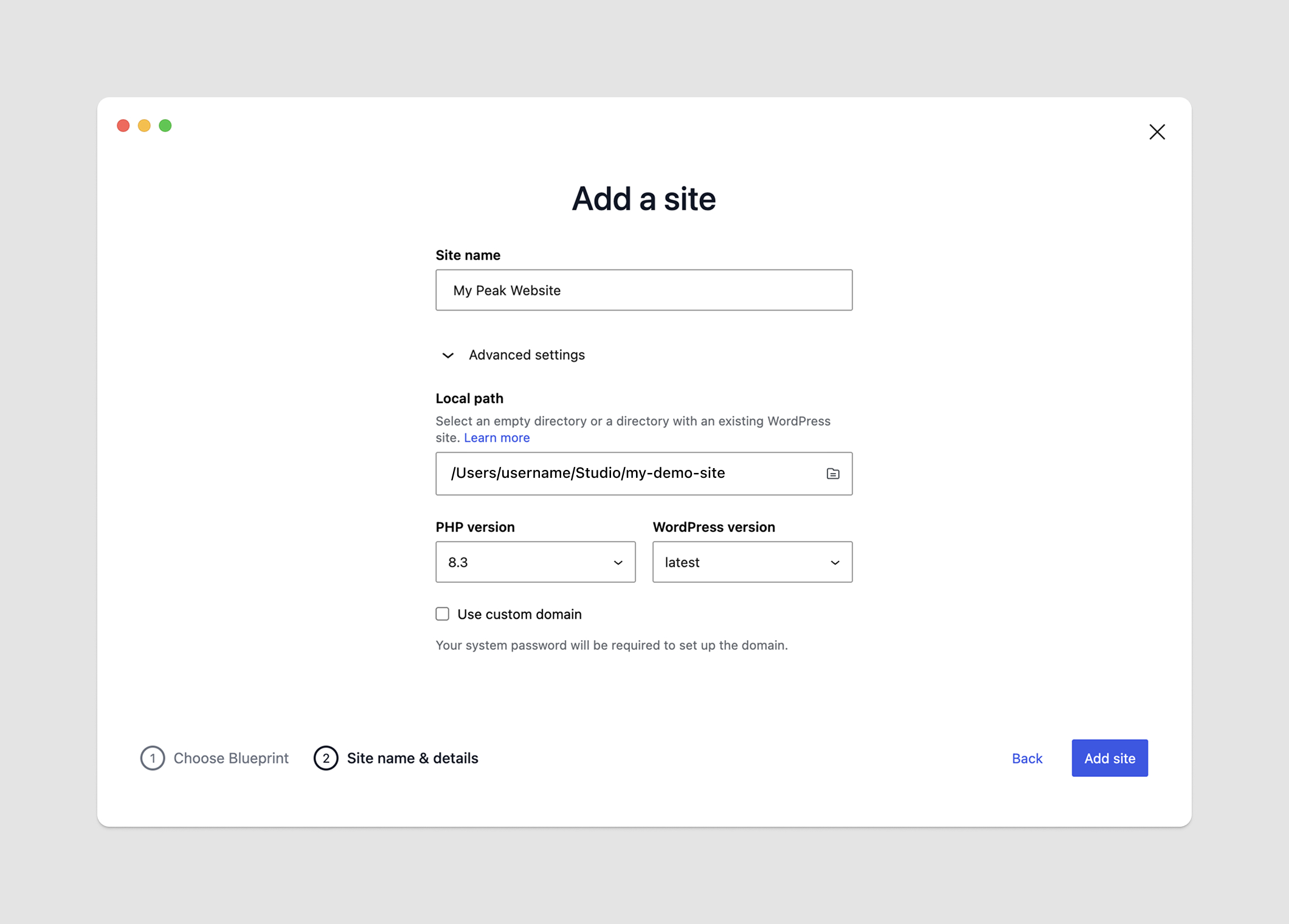 Set the site name and configure advanced settings.