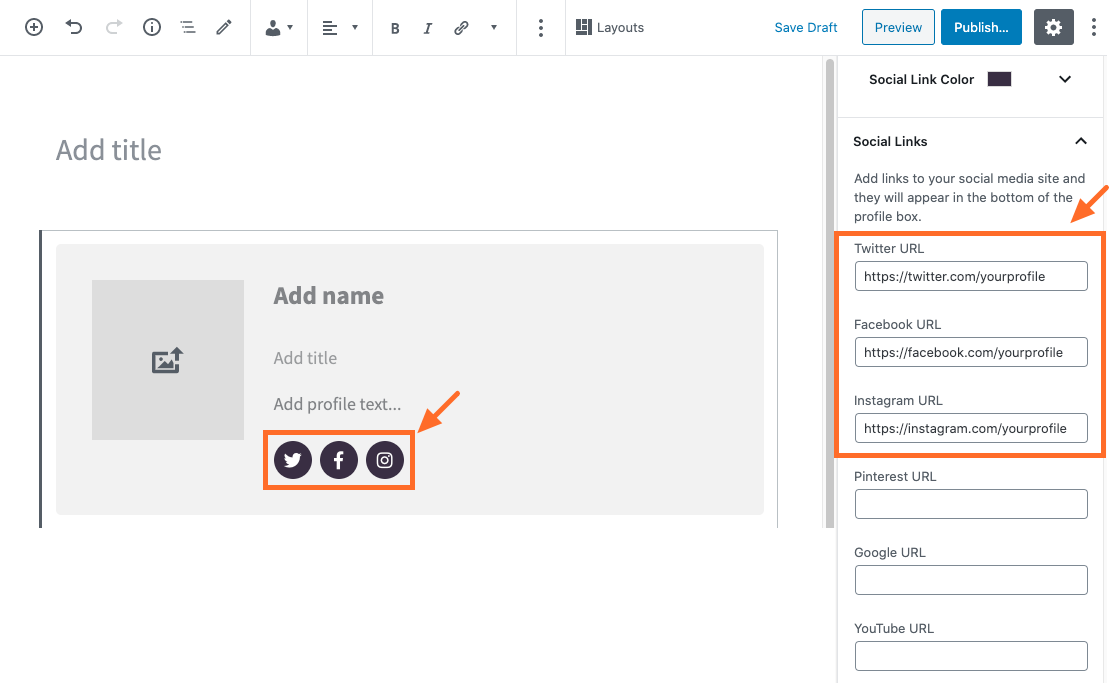 Example of social links in the Profile block