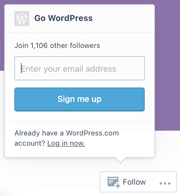 Der Folgen-Button am Ende einer WordPress.com-Website mit der Option, eine E-Mail-Adresse einzugeben.