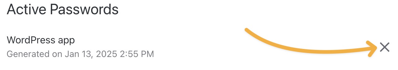 An arrow pointing to the X next to an active password.