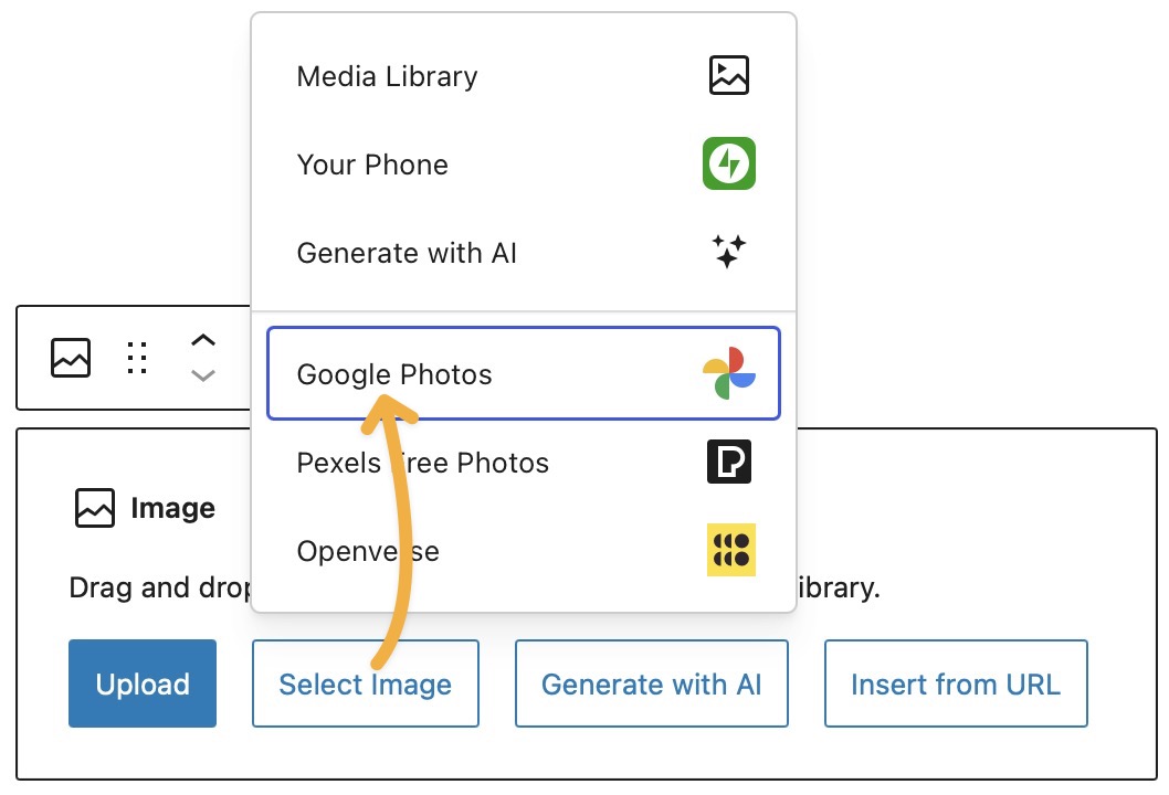 An Image block with the Select Image option clicked, and the Google Photos option highlighted.