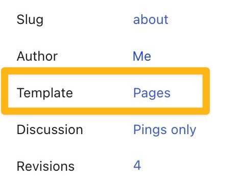 The Page Template field in the Page Settings sidebar in the page editor, showing the template applied to the page.