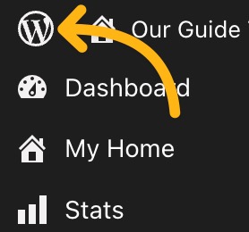 An arrow pointing to the WordPress.com icon in the top-left of the dashboard.
