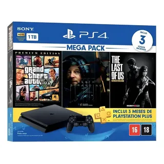 Sony Playstation 4 Slim 1tb Mega Pack: Gta V Premium/death Stranding/the Last Of Us Remastered Cor Preto Onyx 2023