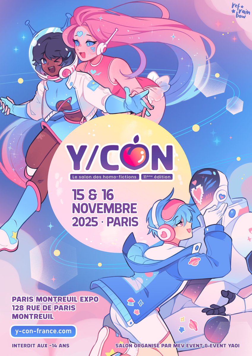 The official Y/CON 11 poster designed by Refrainbow: it highlights this year's theme, Space.
Y/CON 11 will take place on 15 & 16 November 2025 at Paris Montreuil Expo.
Two couples: a black woman in a relationship with a female alien, and a man in a relationship with a robot.