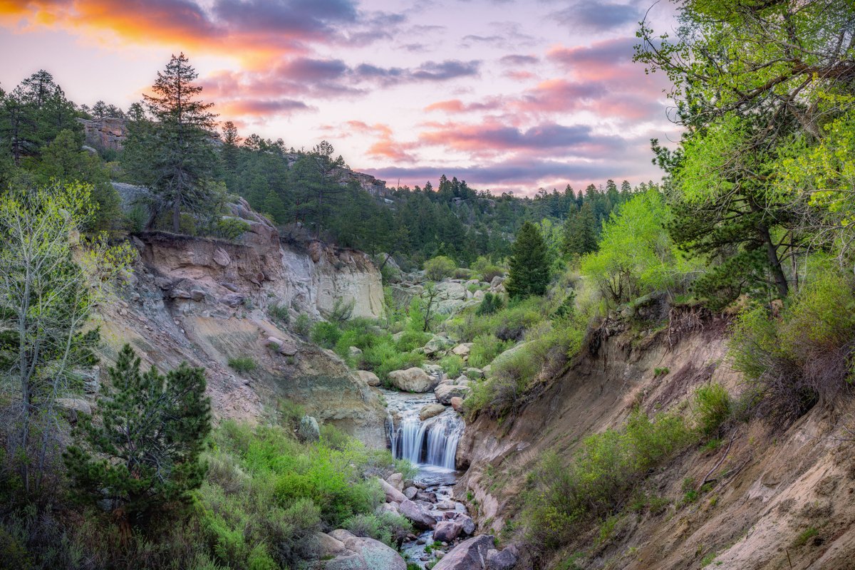 A small waterfall at the base of a canyon covered in greenery and large rocks at sunset with pink clouds.