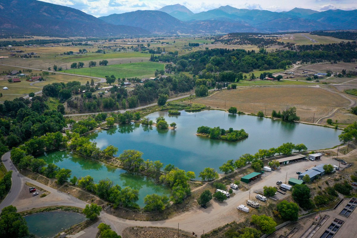 An aerial view of a large lake surrounded by green trees and farm fields and homes with tall mountains in the background.