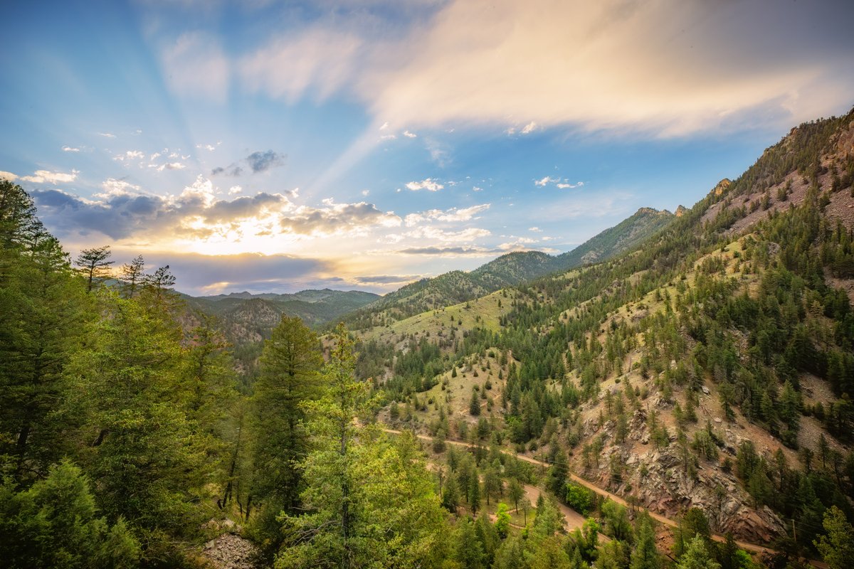 A sunset with light beams and big clouds over a deep canyon with slopes covered in pine trees and large rock outcroppings.