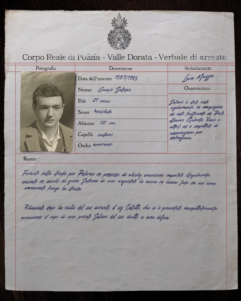 Date of Arrest: July 11, 1905
Name: Ennio Salieri
Age: 21 years
Sex: Male
Height: 181 cm
Hair: Brown
Eyes: Brown
Remarks: Salieri is regularly seen visiting with known smugglers in Porto Almaro (Galante, Vinci, et al.), and is suspected of criminal conspiracy.
Offense: Detained on the road to Palermo in possession of untaxed American whiskey, concealed in grain sacks. Claims to have purchased the contraband in good faith from an unnamed man on the side of the road.
Released after a visit from his lawyer, on Sig. Colletti, who arrived unexpectedly and accused the chief of depriving Salieri of his right to counsel.