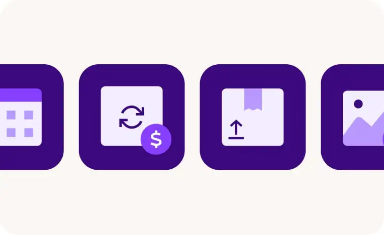 Icons for a calendar, two revolving arrows and a dollar sign, a shipping box, and a mountain with a plus sign