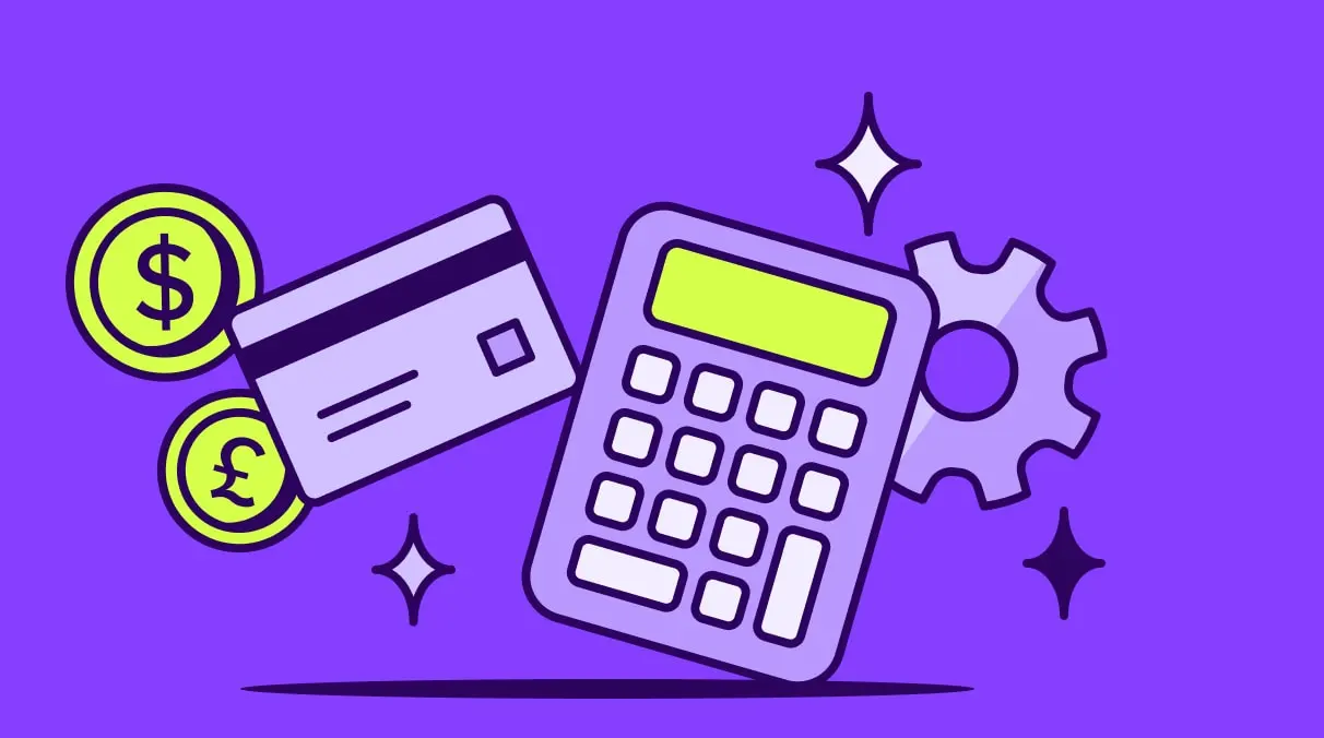 Illustrations of a calculator, credit card, money, and gear