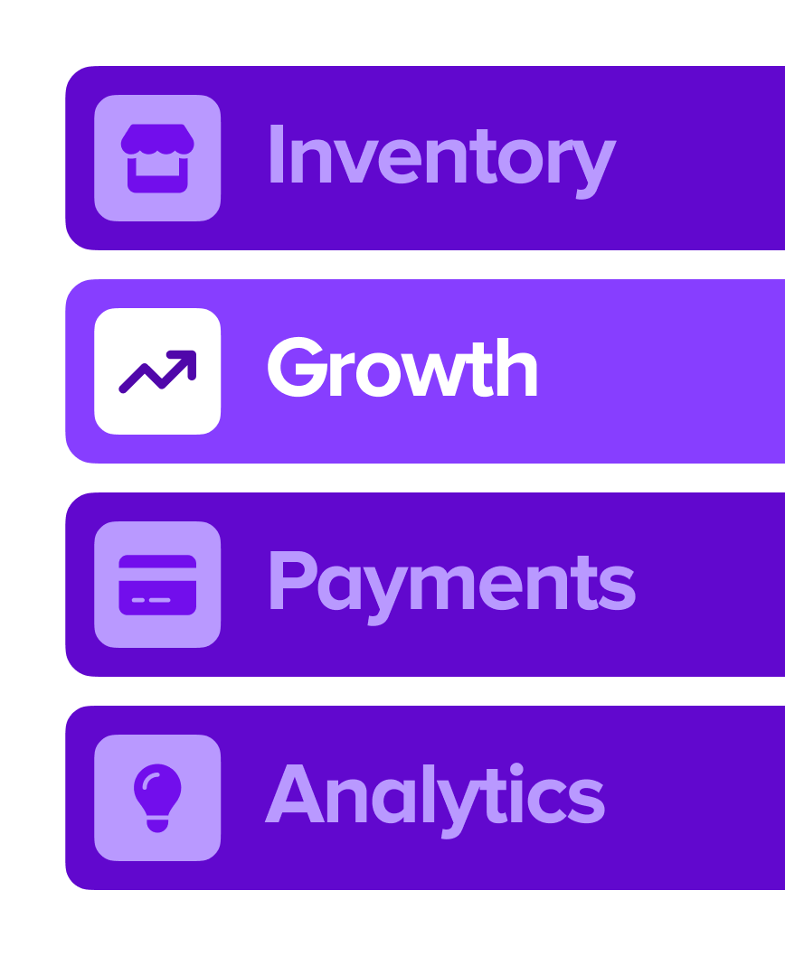 A product menu with items for Inventory, Growth, Payments, and Analytics