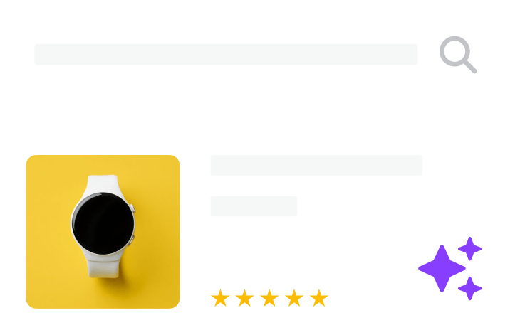 A product photo of a smartwatch with a 5-star rating and sparkle icon