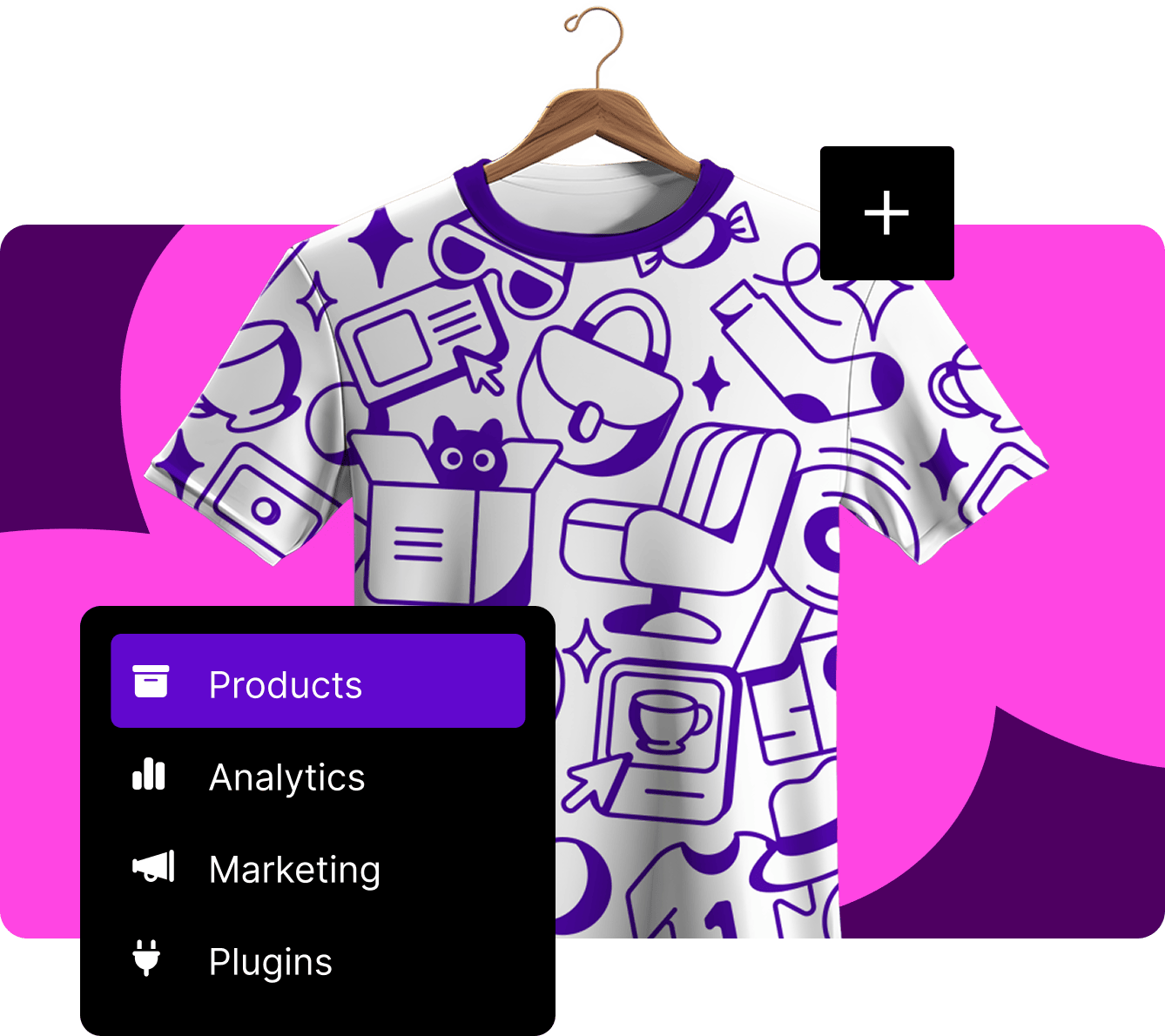 A product photo of a t-shirt with a UI menu that has menu items with icons for Products, Analytics, Marketing, and Plugins