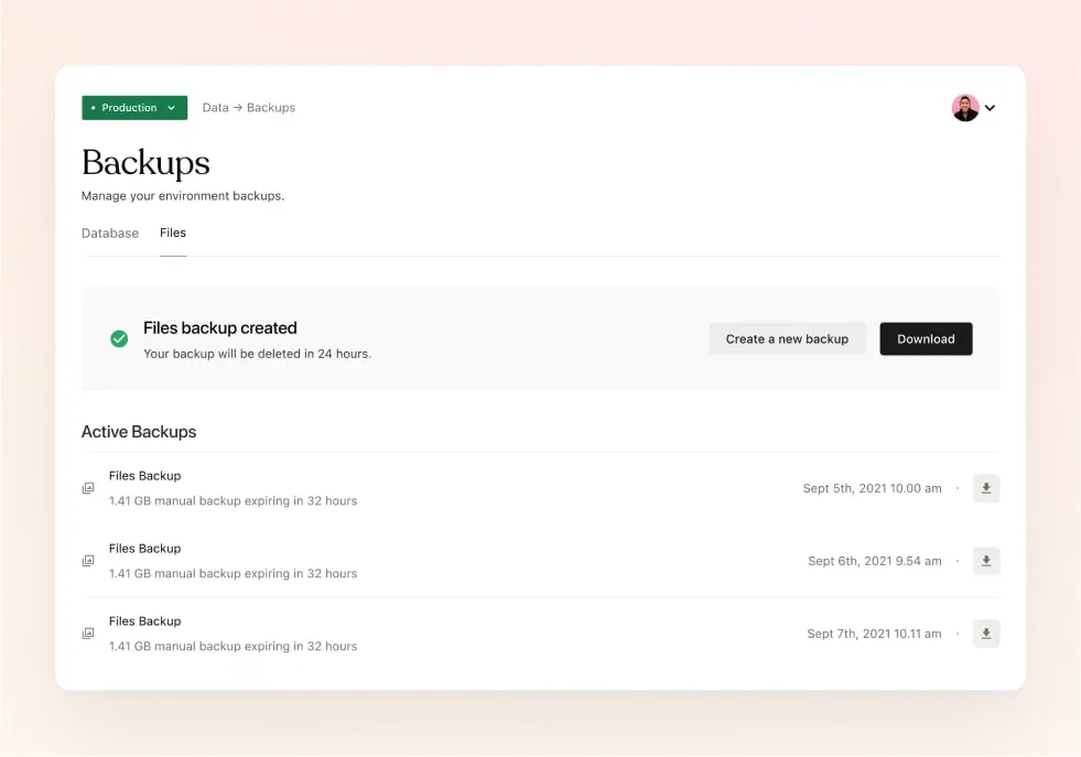 Backups dashboard on WordPress VIP