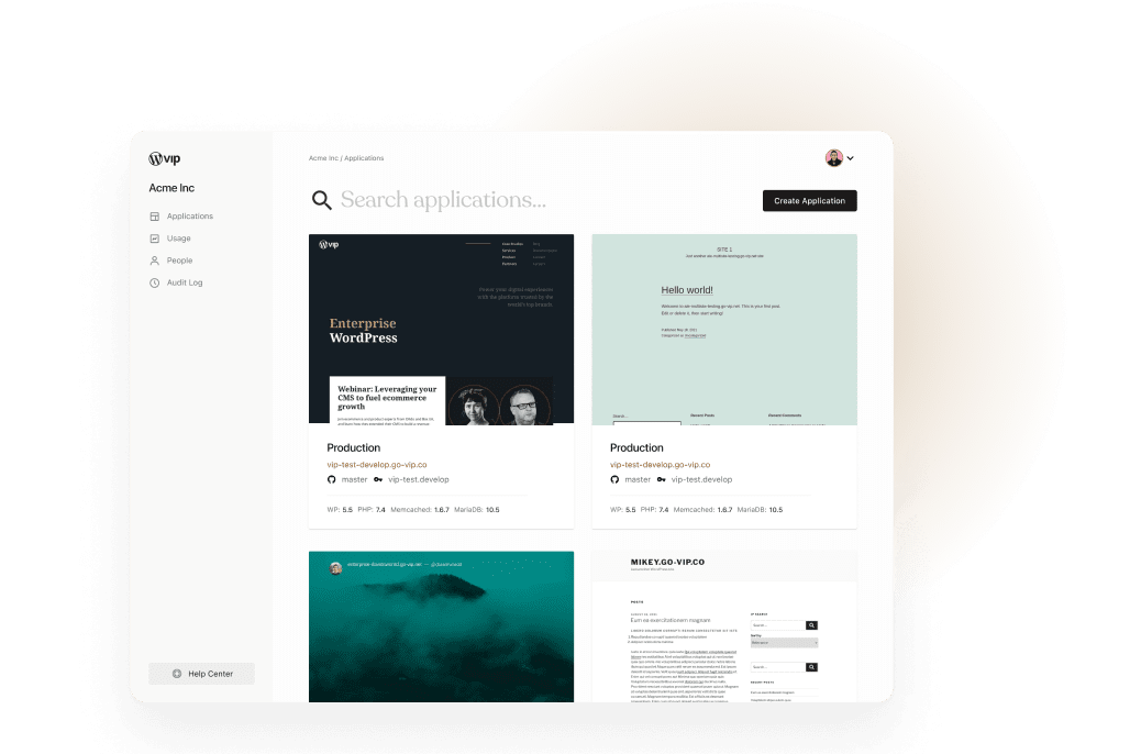 WordPress Management dashboard on WordPress VIP