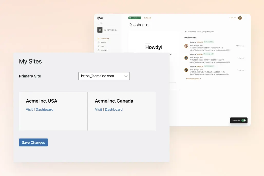 WordPress VIP website management dashboard