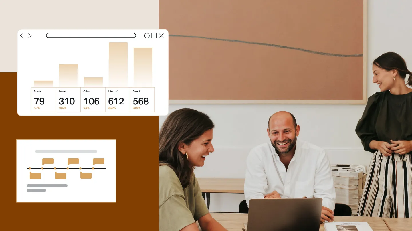 A team discussing analytics insights with bar and flow charts in the foreground—representing data-informed content strategy and audience insights.