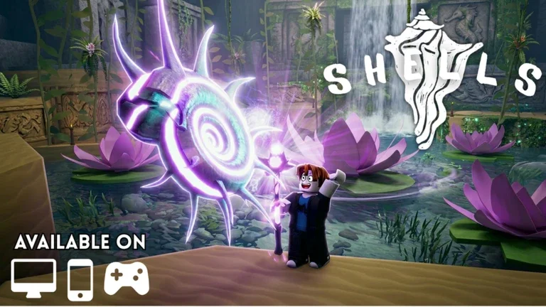 Artwork for the Roblox game Shells showing a character with a magical wand summoning a large seashell.