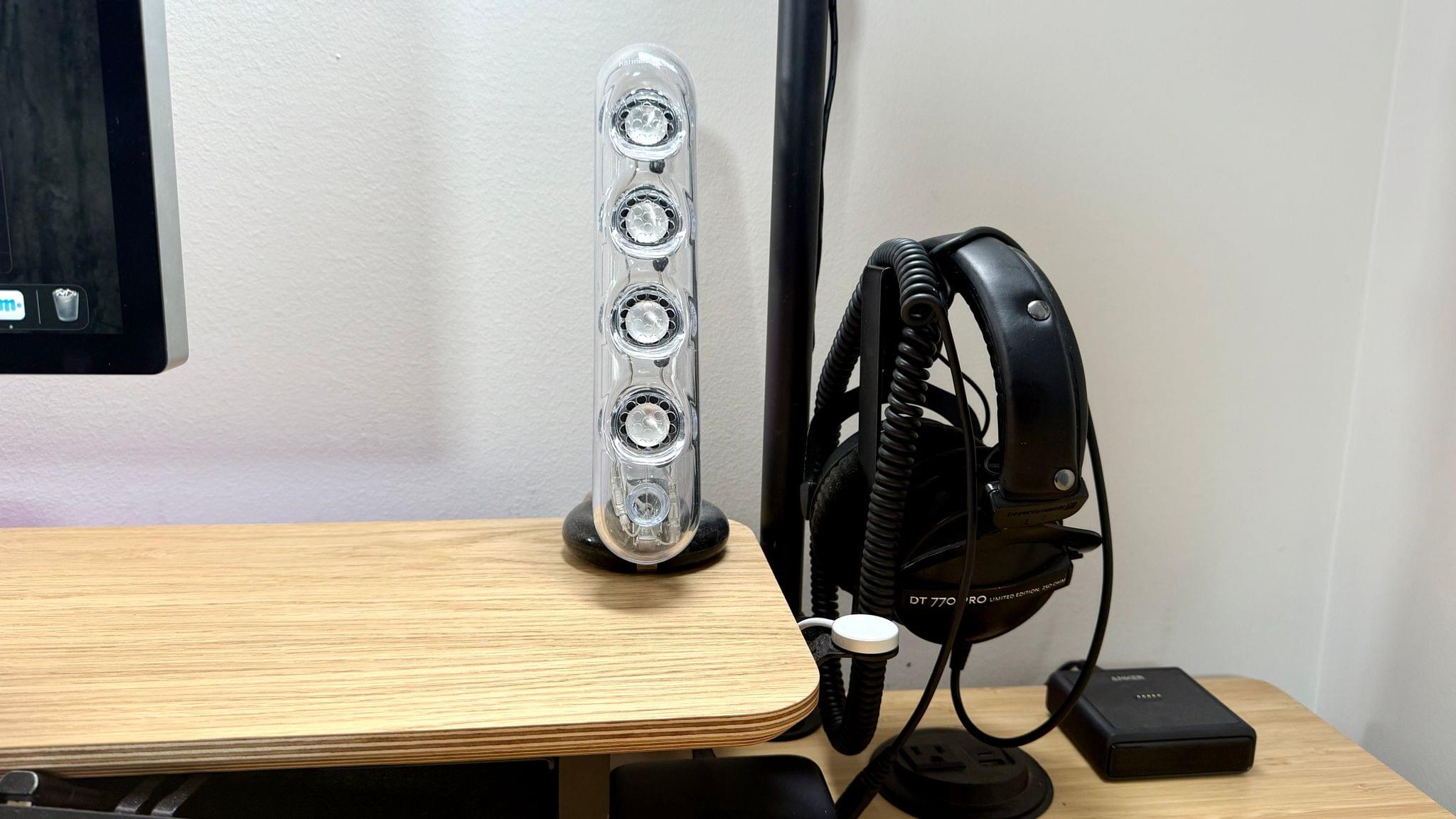 The Harmon Kardon SoundSticks III, and beyerdynamic DT 770 Pro podcast editing headphones
