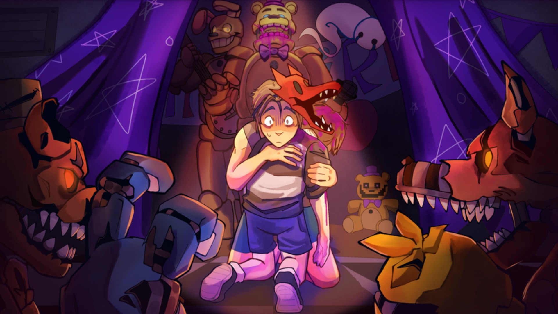 A boy holds his friend as they are surrounded by animatronics in FNTD2.
