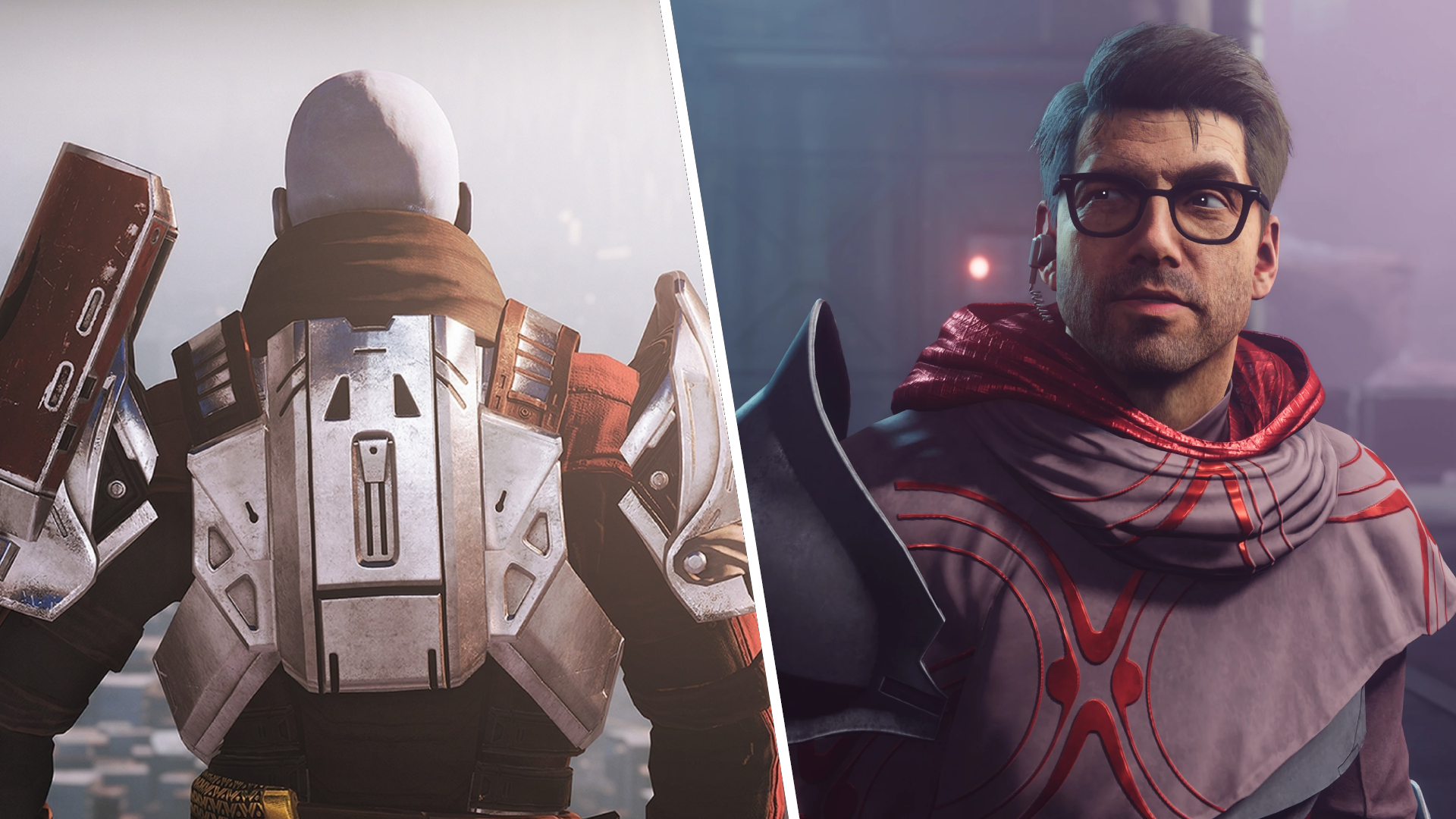 A vertically split image, with Destiny 2's Zavala facing away on the left side, and Lodi looking puzzled on the right side.