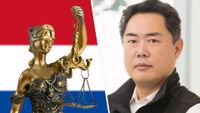 Left: Blind justice over a Dutch flag / Right: Sony CEO Hideaki Nishino