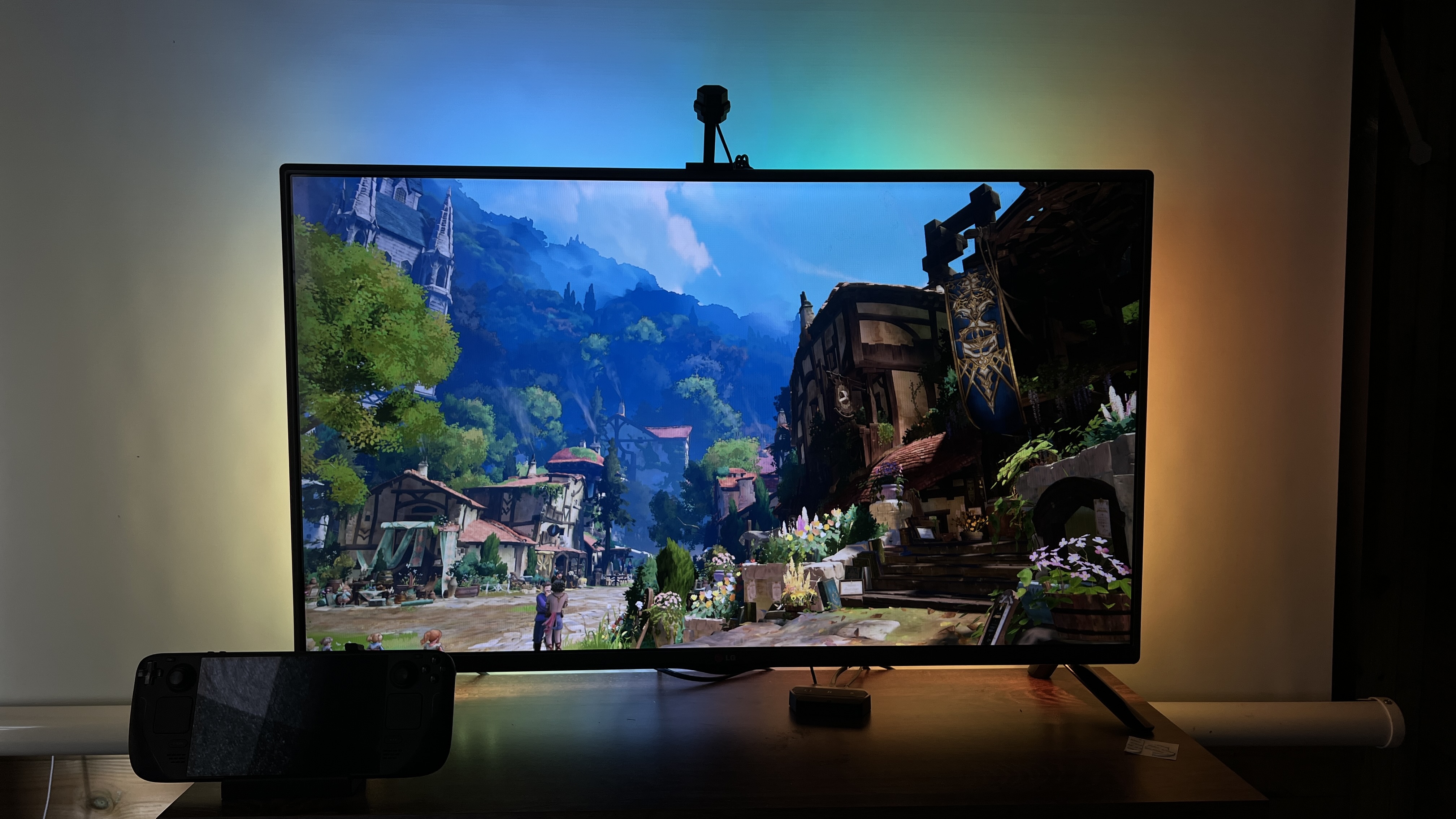 Nanoleaf 4D Screen Mirroring kit set up on a gaming monitor.