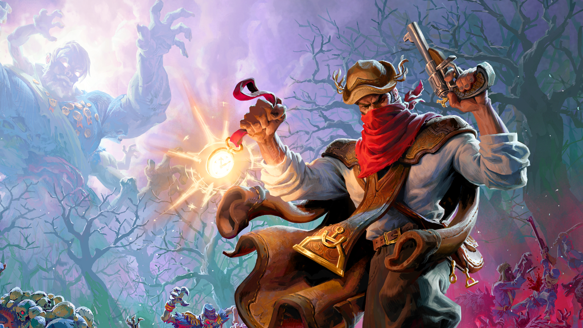 Key art of Hell clock's main character. A man wearing a hat and a scarf holds a pistol and a pocket watch with undead monsters lurking behind him.