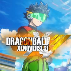 A character wearing a futuristic visor stands in front of Capsule Corp. buildings with the title 'Dragon Ball Xenoverse 3.'