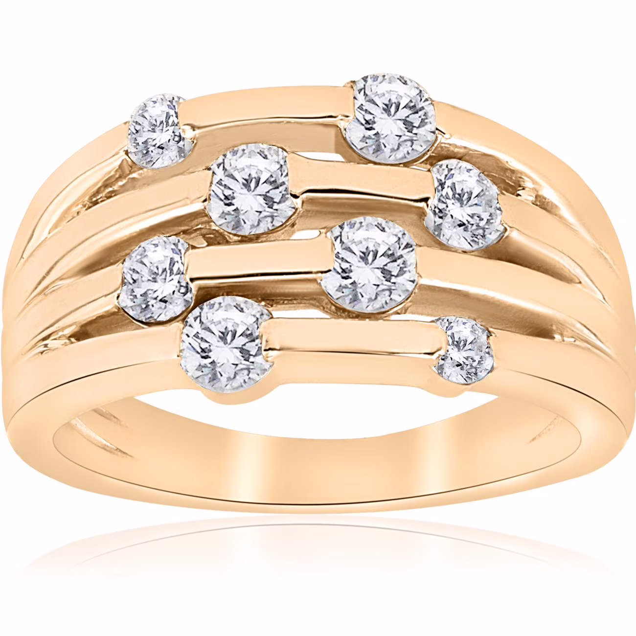 Women's 14K Yellow Gold Multi Row Diamond Ring - 1ct Total, Right Hand Fashion Ring