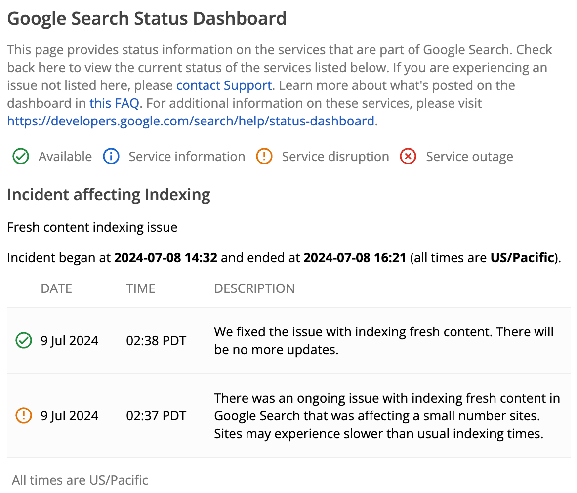 Google Search Status Dashboard Incident