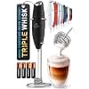 Zulay Kitchen Powerful Milk Frother Wand With Duracell Batteries - Ultra Fast Handheld Drink Mixer - Electric Whisk Foam Maker for Coffee, Lattes, Cappuccino & Matcha - Triple Whisk - Black