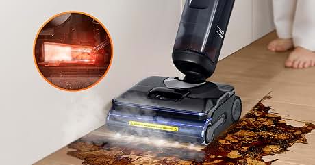 Vacuum cleaner with glowing blue light cleaning autumn leaves on wooden floor. Inset circular image shows red heating element. Bare feet visible in background.