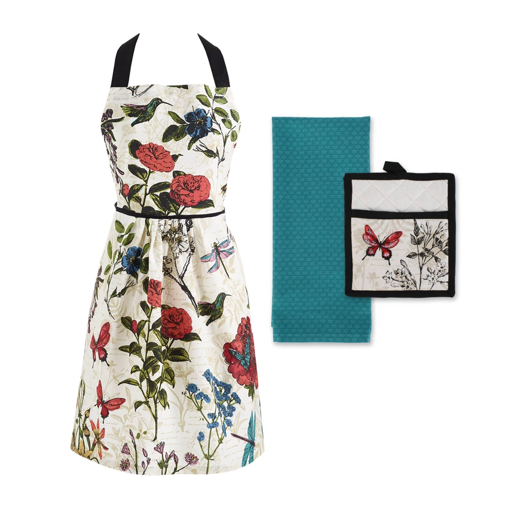 3pc Cotton Botanical Apron Kitchen Set - Design Imports: Floral Pattern, Machine Washable, White, Kitchen Textile Set