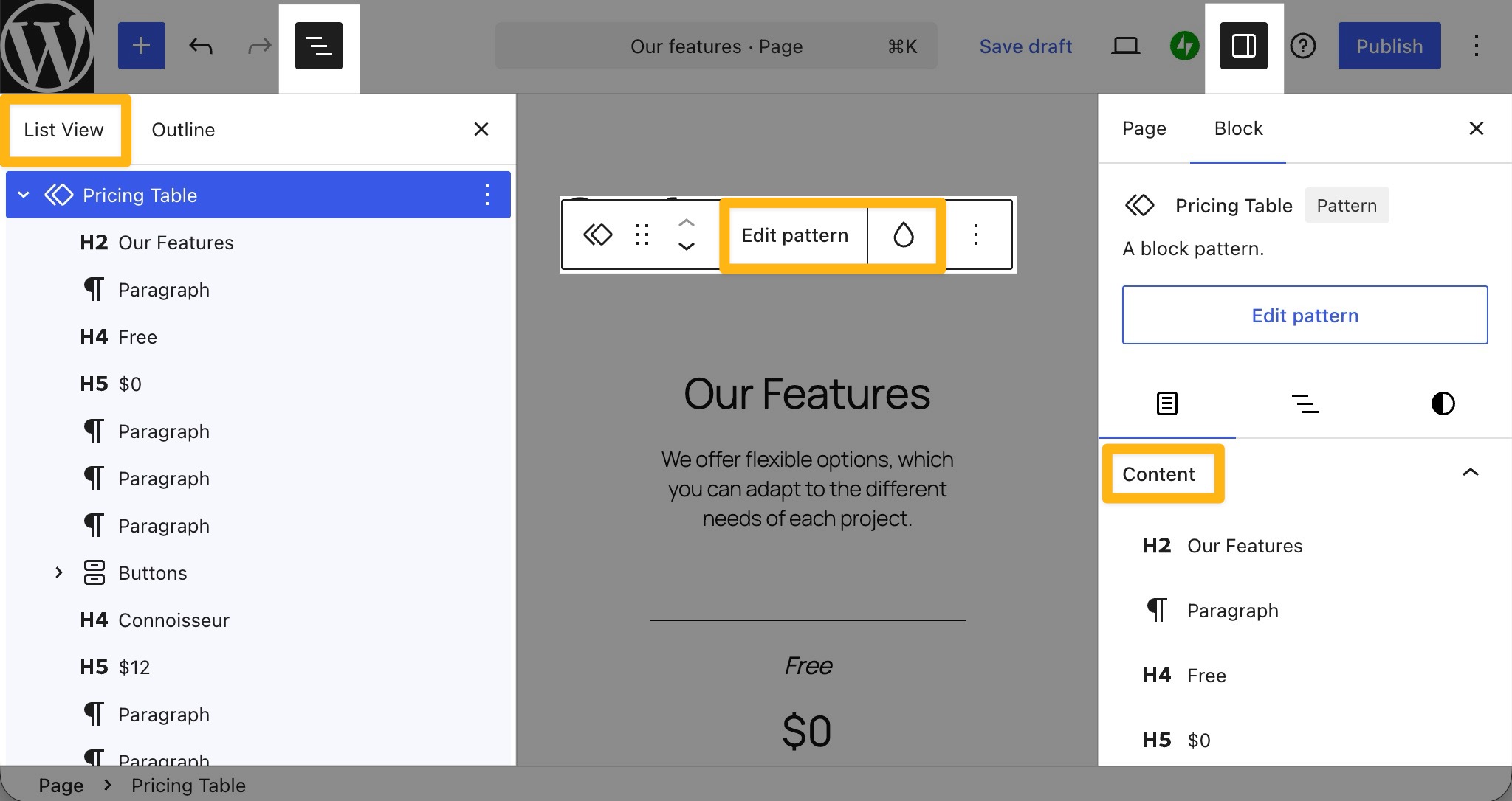 The List View, Content sidebar, and edit pattern options highlighted.