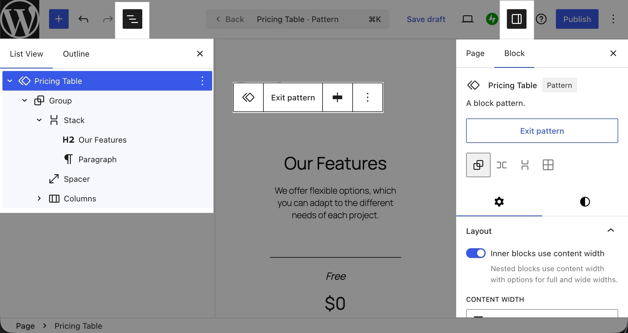 The List View, block settings sidebar, and exit pattern options highlighted.