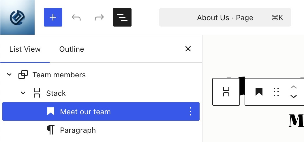 The WordPress Editor open with the List View displayed.