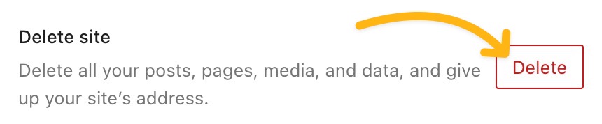 The "Delete site" section of settings with an arrow pointing to the "Delete" button.