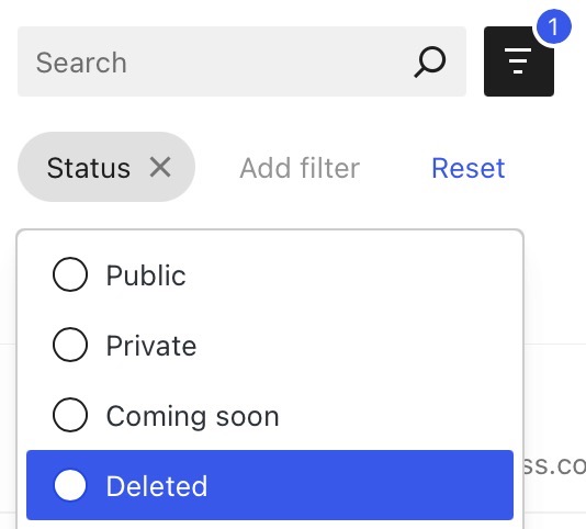 The Status filter selected and "Deleted" highlighted in the status list.