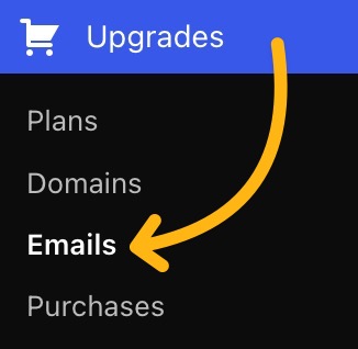 An arrow from the "Upgrades" menu to the emails submenu.